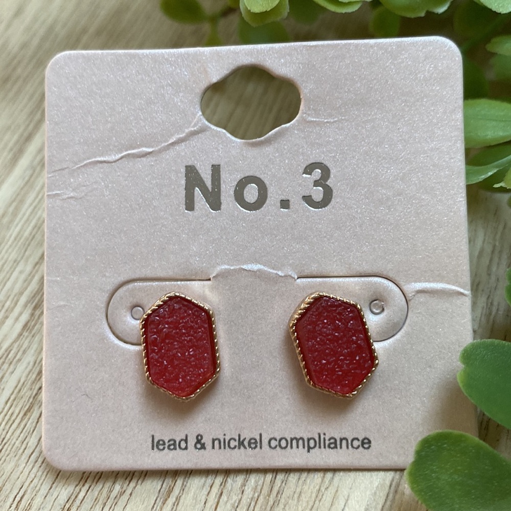 🎉HP🎉 No. 3 Stud Sparkle Druzy Earrings 💗 Red & Gold - Picture 2 of 9